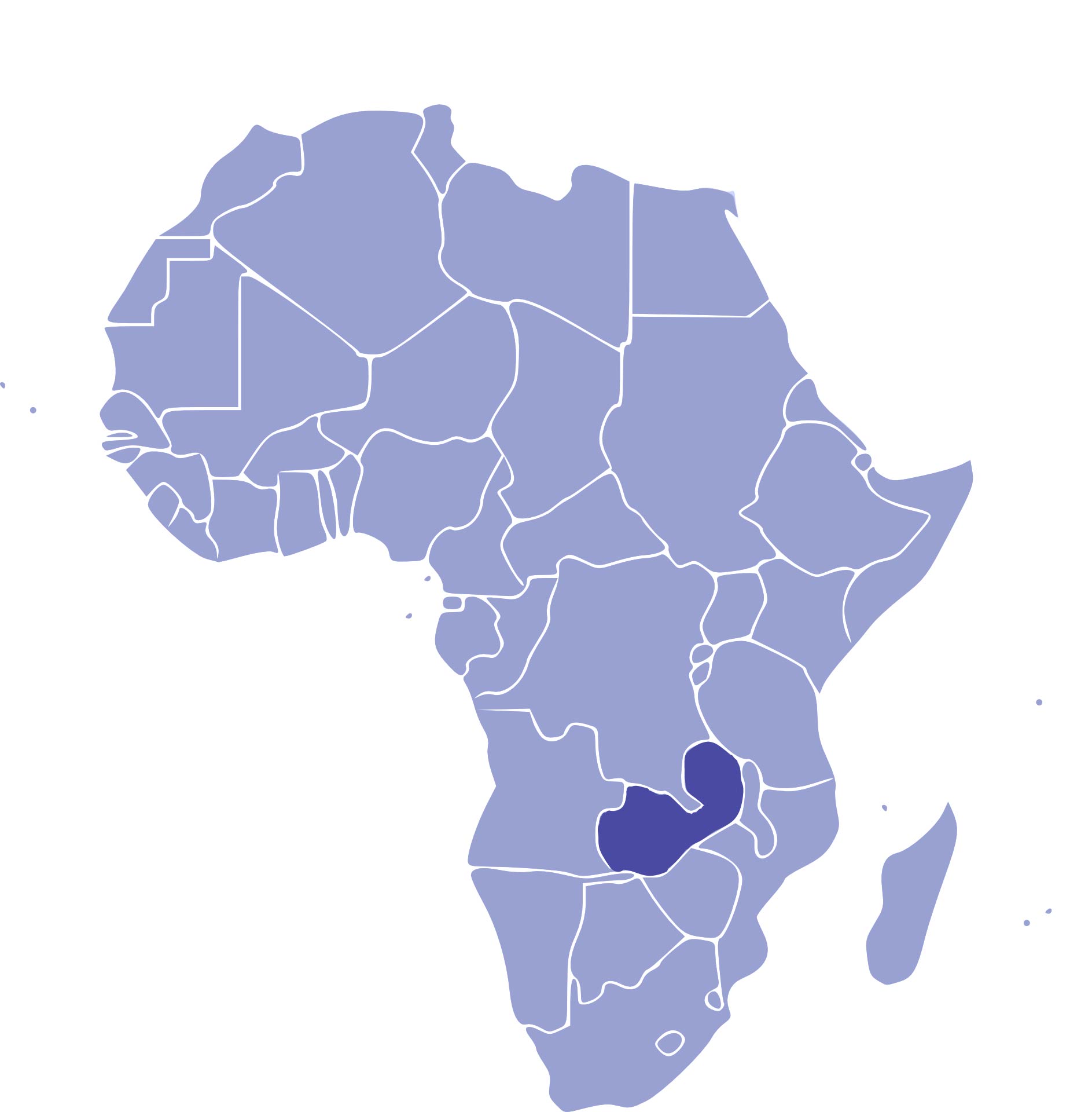 Africa map, Zambia highlighted in south.